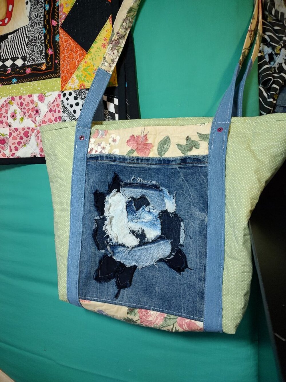 Handmade Green and Floral Patchwork Rose Tote Bag